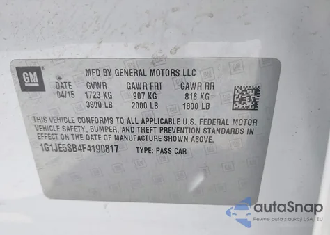 2015 Chevrolet Sonic Ltz Auto из США, поврежденный, VIN 1G1JE5SB4F4190817